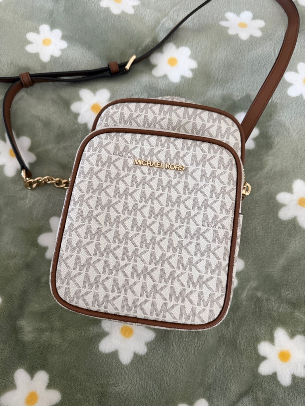 Michael Kors Beige Logo Crossbody with Brown Trim